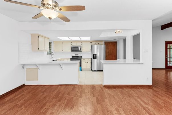 Interior, Kitchen, Stainless Steel Appliances, Wood Texture Flooring