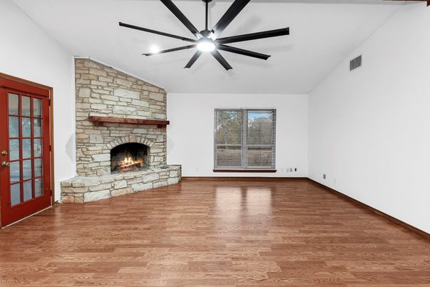 Empty room, Fireplace, Interior, Stone Walls, Wood Texture Flooring