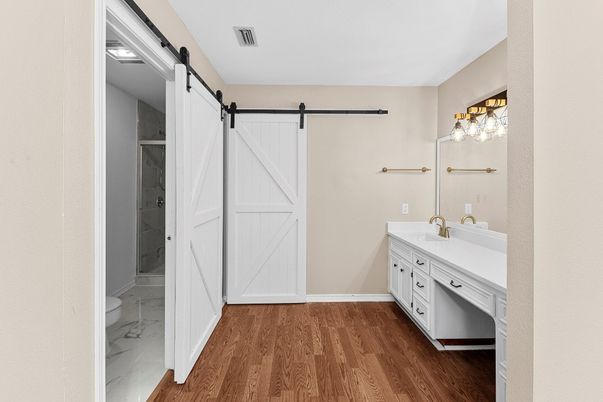 Bathroom, Dual Sink Vanities, Interior, Marble, Wood Texture Flooring