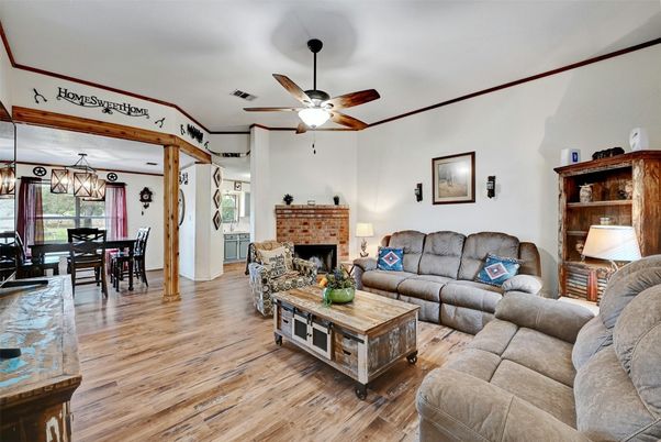 Dining room, Fireplace, Interior, Living room, Pendant Lights, Wood Texture Flooring