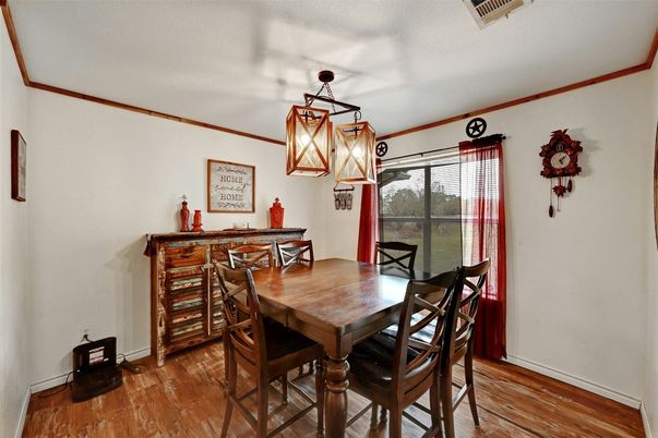 Dining room, Interior, Pendant Lights, Wood Texture Flooring