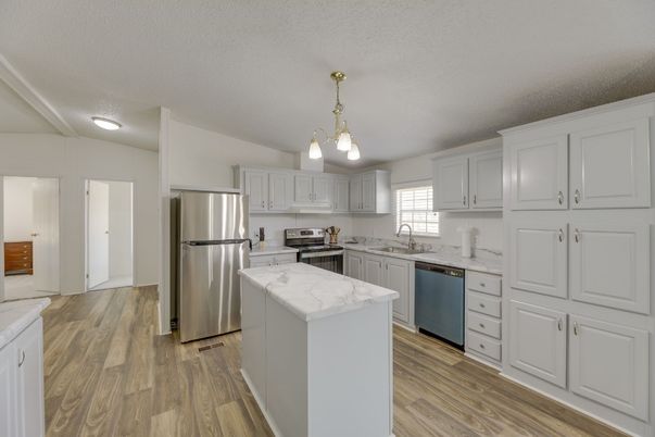 Interior, Kitchen, Pendant Lights, Stainless Steel Appliances, Wood Texture Flooring
