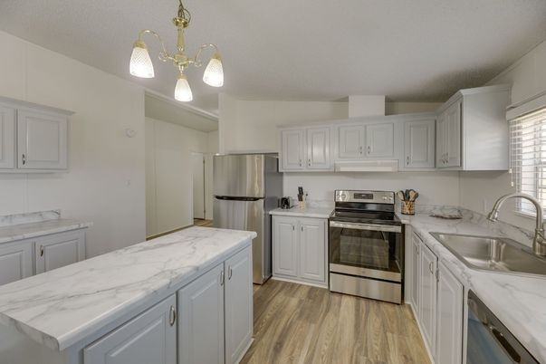 Interior, Kitchen, Pendant Lights, Stainless Steel Appliances, Wood Texture Flooring