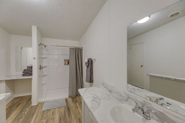 Bathroom, Interior, Recessed Lighting, Wood Texture Flooring