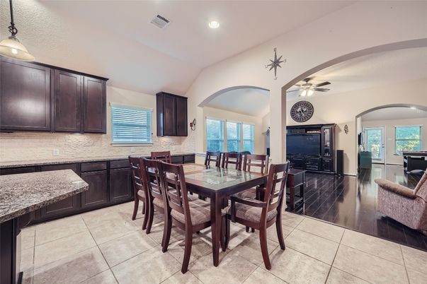 Dining room, Interior, Pendant Lights, Recessed Lighting, Wood Texture Flooring