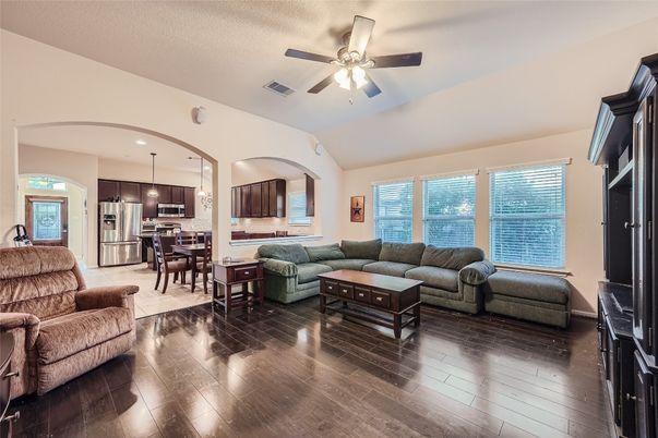 Dining room, Interior, Kitchen, Living room, Pendant Lights, Recessed Lighting, Stainless Steel Appliances, Water, Wood Texture Flooring
