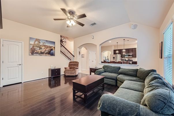 Interior, Kitchen, Living room, Recessed Lighting, Stainless Steel Appliances, Wood Texture Flooring