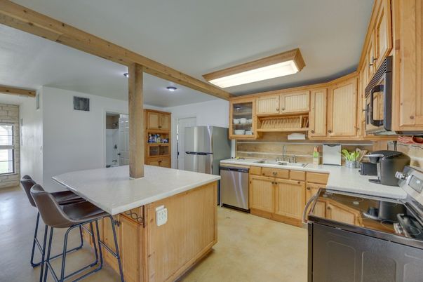 Interior, Kitchen, Recessed Lighting, Stainless Steel Appliances, Wooden Beams
