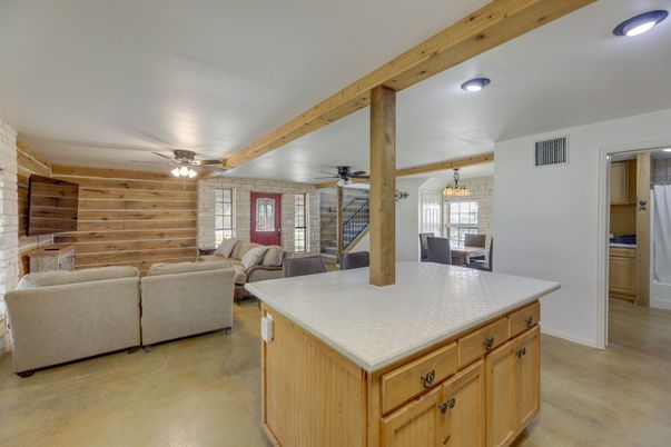 Dining room, Fireplace, Interior, Living room, Stone Walls, Wooden Beams
