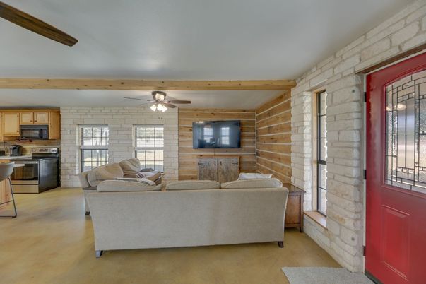 Interior, Kitchen, Living room, Stainless Steel Appliances, Stone Walls, Wooden Beams, Wood Texture Flooring