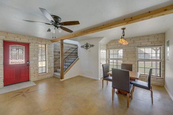 Dining room, Interior, Pendant Lights, Stone Walls, Wooden Beams