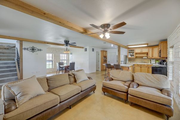 Dining room, Fireplace, Interior, Kitchen, Living room, Stone Walls, Wooden Beams