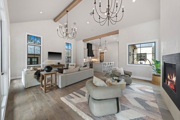 Chandelier, Fireplace, Interior, Living room, Pendant Lights, Recessed Lighting, Wooden Beams, Wood Texture Flooring