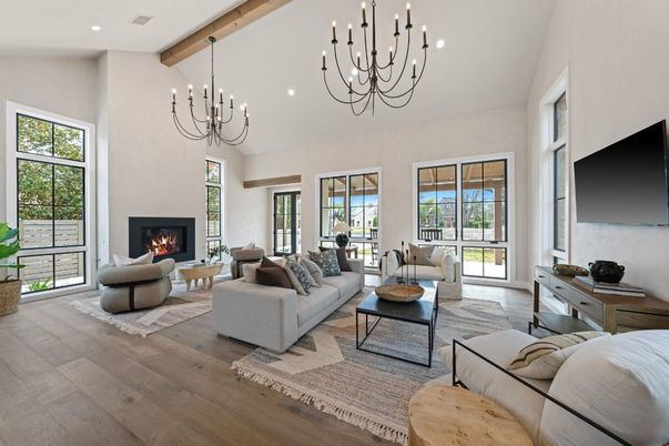 Chandelier, Fireplace, Interior, Living room, Recessed Lighting, Wooden Beams, Wood Texture Flooring