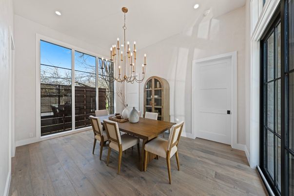 Dining room, Interior, Pendant Lights, Recessed Lighting, Wood Texture Flooring