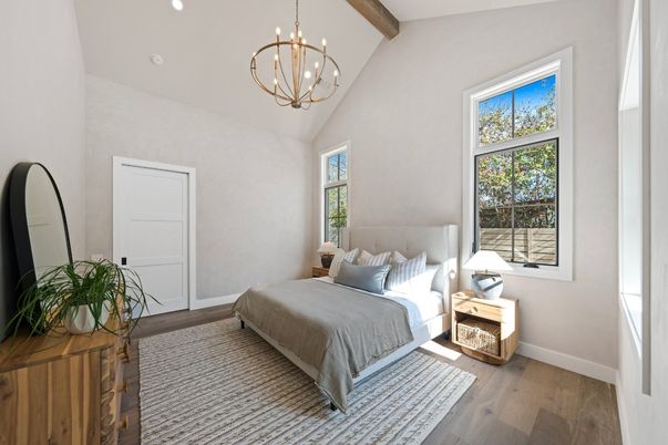 Bedroom, Chandelier, Interior, Recessed Lighting, Wooden Beams, Wood Texture Flooring