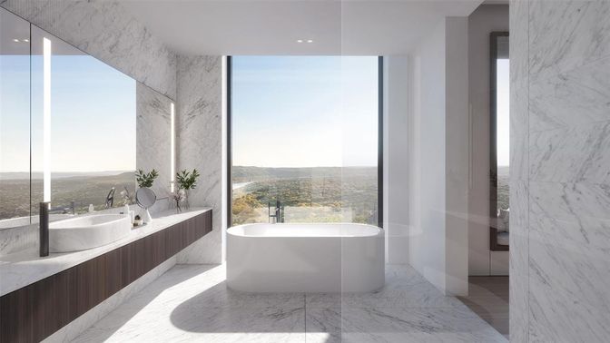 Bathroom, Dual Sink Vanities, Free Standing Baths, Interior, Marble, Marble Walls, Recessed Lighting, Water