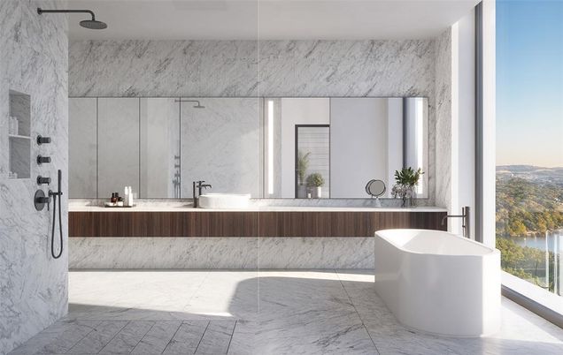 Bathroom, Dual Sink Vanities, Free Standing Baths, Interior, Marble, Marble Walls