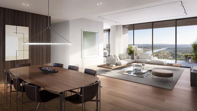Dining room, Interior, Living room, Pendant Lights, Recessed Lighting, Wood Texture Flooring