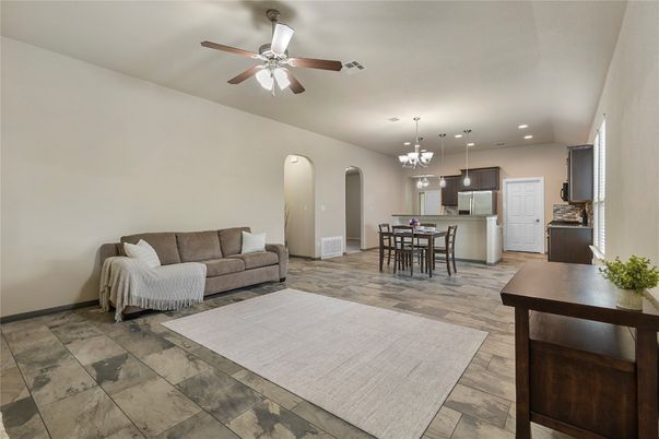 Chandelier, Dining room, Interior, Kitchen, Living room, Pendant Lights, Recessed Lighting, Wood Texture Flooring