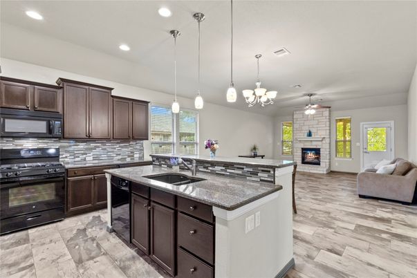 Fireplace, Interior, Kitchen, Living room, Pendant Lights, Recessed Lighting, Wood Texture Flooring