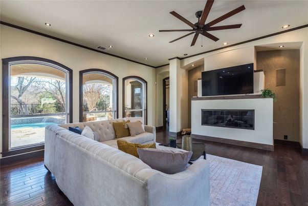 Fireplace, Interior, Living room, Recessed Lighting, Wood Texture Flooring