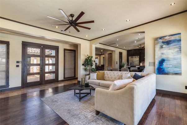 Dining room, Interior, Living room, Pendant Lights, Recessed Lighting, Wood Texture Flooring