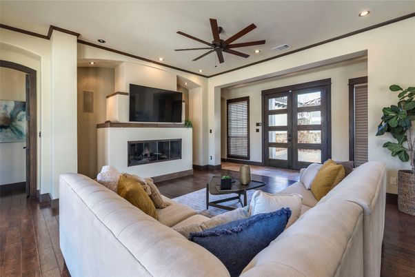 Fireplace, Interior, Living room, Recessed Lighting, Wood Texture Flooring