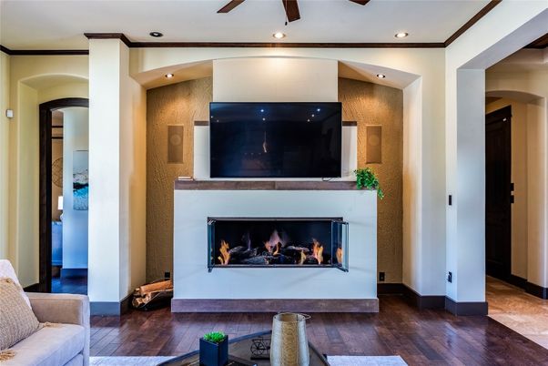 Fireplace, Interior, Recessed Lighting, Wood Texture Flooring