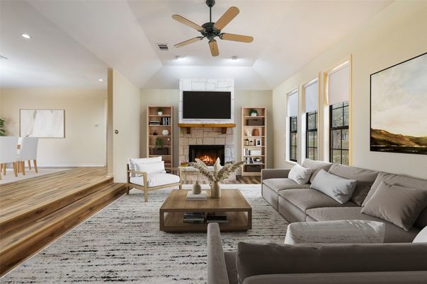 Fireplace, Interior, Living room, Recessed Lighting, Wood Texture Flooring