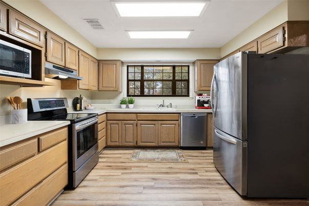 Interior, Kitchen, Recessed Lighting, Stainless Steel Appliances, Wood Texture Flooring