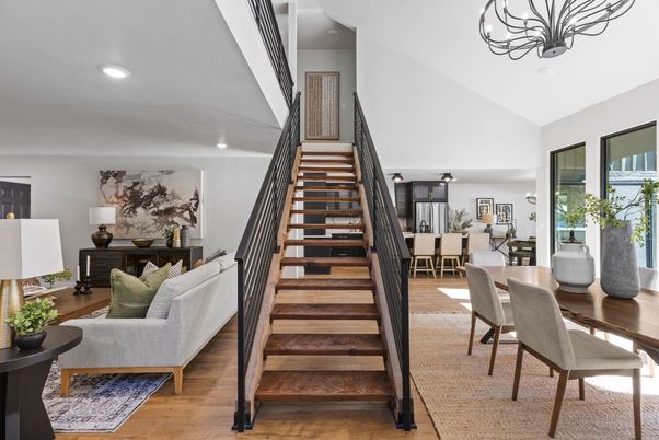 Dining room, Interior, Living room, Recessed Lighting, Wood Texture Flooring