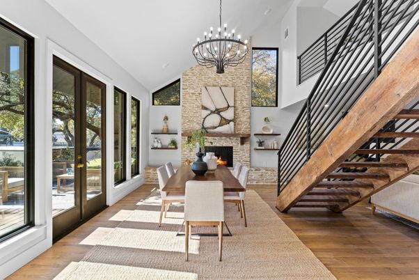 Dining room, Fireplace, Interior, Pendant Lights, Stone Walls, Wood Texture Flooring