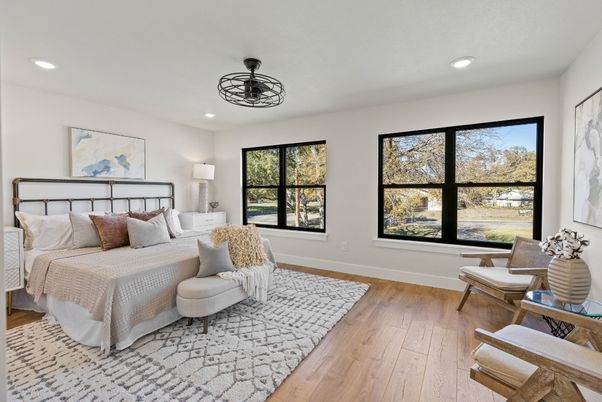 Bedroom, Interior, Recessed Lighting, Wood Texture Flooring
