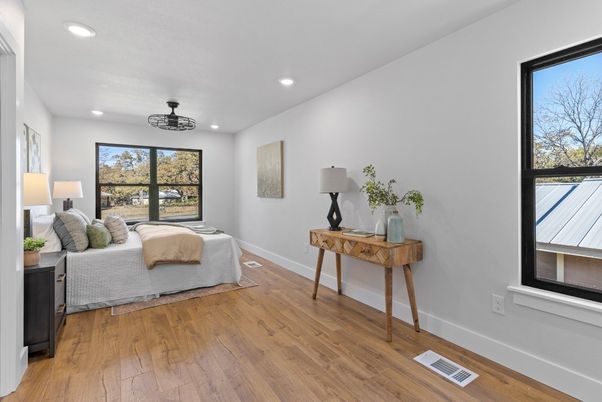 Bedroom, Interior, Recessed Lighting, Wood Texture Flooring