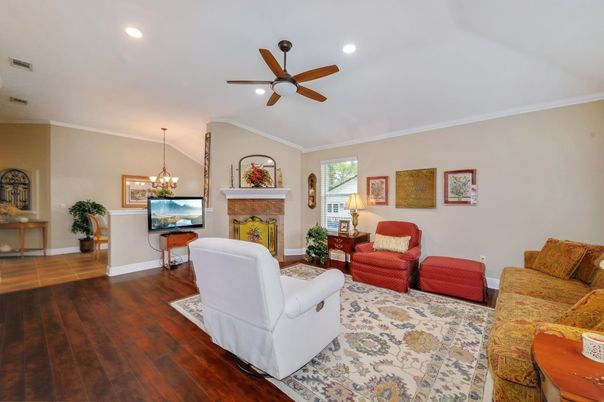 Chandelier, Fireplace, Interior, Living room, Pendant Lights, Recessed Lighting, Wood Texture Flooring