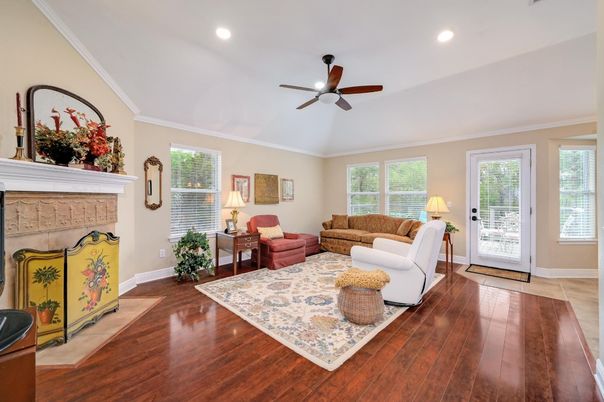 Fireplace, Interior, Living room, Recessed Lighting, Wood Texture Flooring
