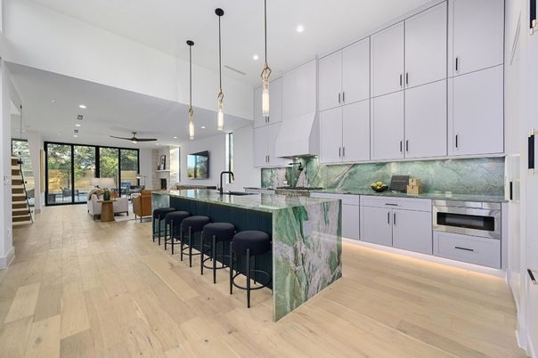 Dining room, Interior, Kitchen, Pendant Lights, Recessed Lighting, Stainless Steel Appliances, Wood Texture Flooring