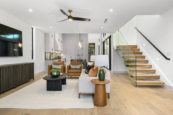 Interior, Living room, Pendant Lights, Recessed Lighting, Wood Texture Flooring
