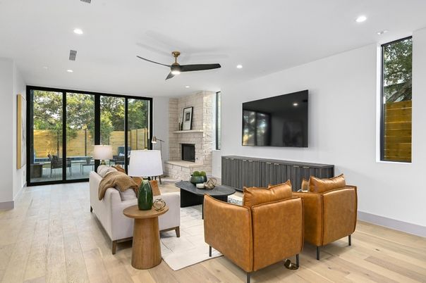 Fireplace, Interior, Living room, Recessed Lighting, Stone Walls, Wood Texture Flooring