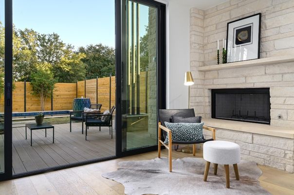 Fireplace, Interior, Pendant Lights, Stone Walls, Wood Texture Flooring