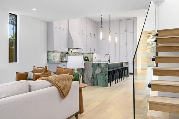 Interior, Kitchen, Living room, Pendant Lights, Recessed Lighting, Wood Texture Flooring