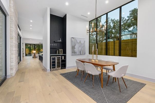 Dining room, Interior, Pendant Lights, Recessed Lighting, Stone Walls, Wood Texture Flooring