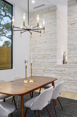 Dining room, Interior, Pendant Lights, Recessed Lighting, Stone Walls