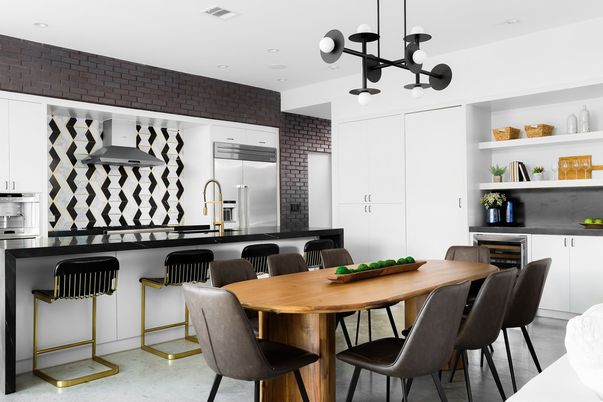 Dining room, Interior, Kitchen, Pendant Lights, Recessed Lighting, Stainless Steel Appliances