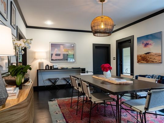 Dining room, Interior, Pendant Lights, Recessed Lighting, Wood Texture Flooring