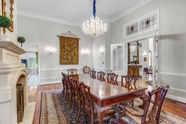 Chandelier, Dining room, Interior, Wood Texture Flooring