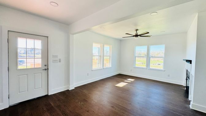 Empty room, Fireplace, Interior, Recessed Lighting, Wood Texture Flooring