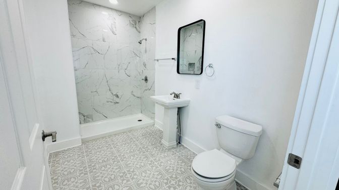 Bathroom, Interior, Marble Walls, Recessed Lighting