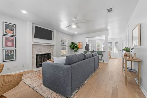 Fireplace, Interior, Living room, Recessed Lighting, Wood Texture Flooring